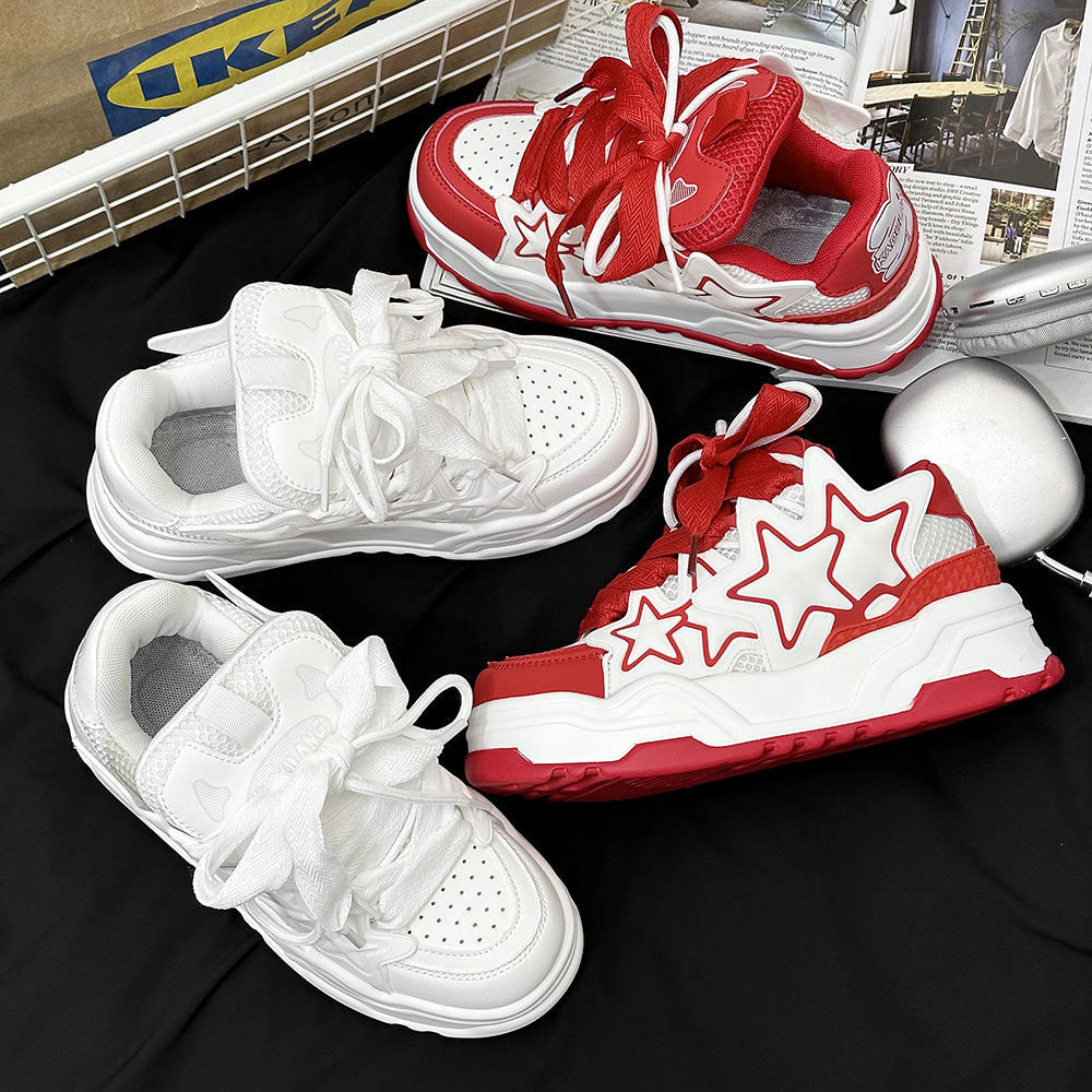White Thick-Soled Platform Sneakers Couples' Height Increasing Star-Embellished Casual Sports Bread Shoes Outdoor Athletic skate Shoes For men an