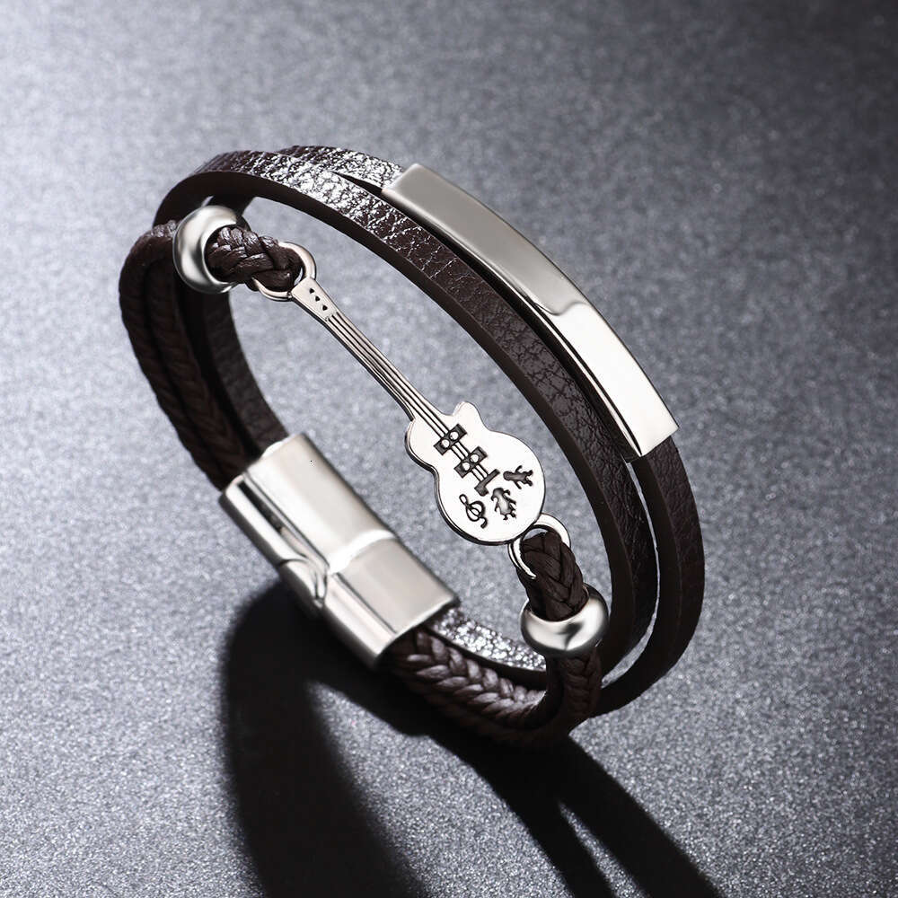 Punk trendy men's popular guitar PU leather fashionable multi-layer woven magnetic buckle bracelet