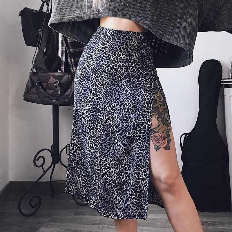 Retro leather summer leopard print high waisted stretch long womens A-Line skiing fashion beach Maxi skiing M250424