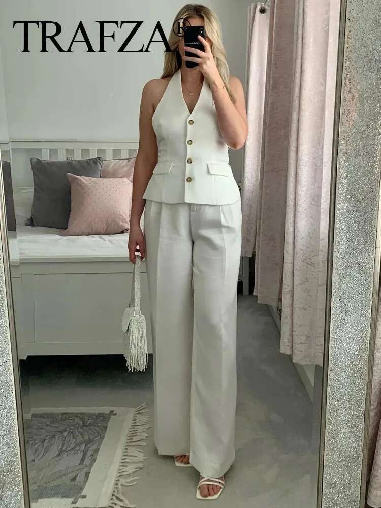 TRAFZA Women Fashion Solid Pant Suit Halter Single Breasted Sleeveless Blazer Vest Top Zipper Fly Trousers Office Lady Sets