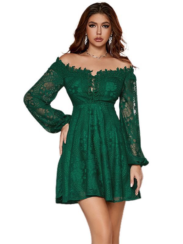 M96Foreign trade European and American sexy dress wholesale supply embroidered lace edge one shoulder short skirt sweet
