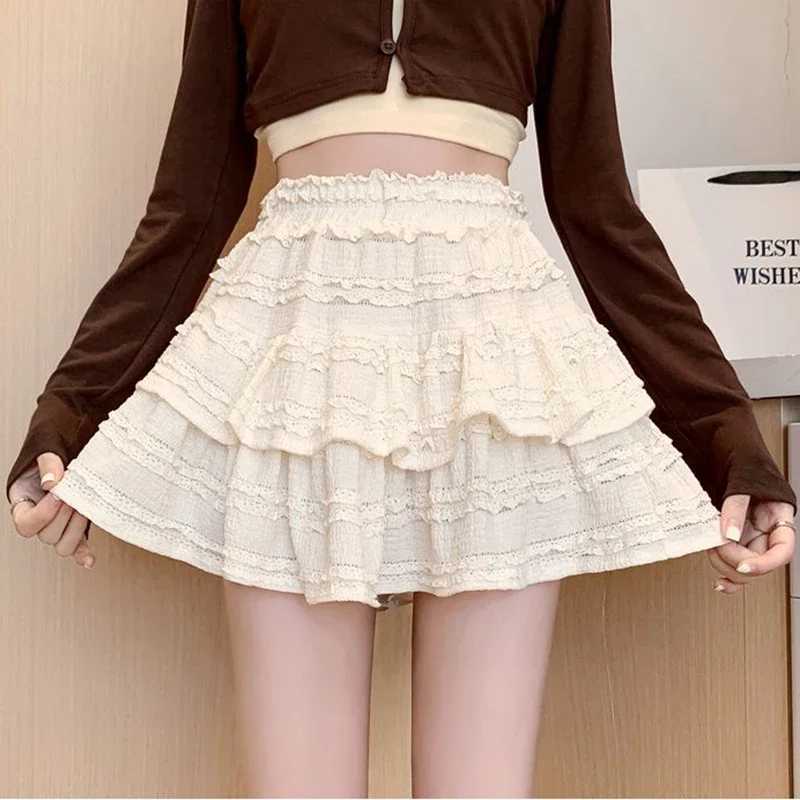 Gidyq Cute Lace Mini Skirt Womens Kawaii White Ruffle Fold Skirt Summer Korean High Waist Black Casual A-line Skirt M250424