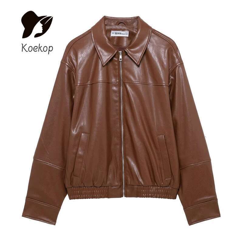 Designer Clothes Koekop Women's Fashion Pure Color Faux Leather Textured Pilot Coat Vintage Casual Long Sleeve Ladies Chic Lady Jacket