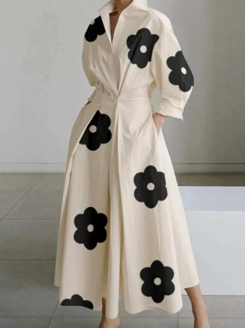 Superaen Dresses Spring 2024 New Commuter Fashion Lapel Collar Long Sleeve Elastic Swing Dress