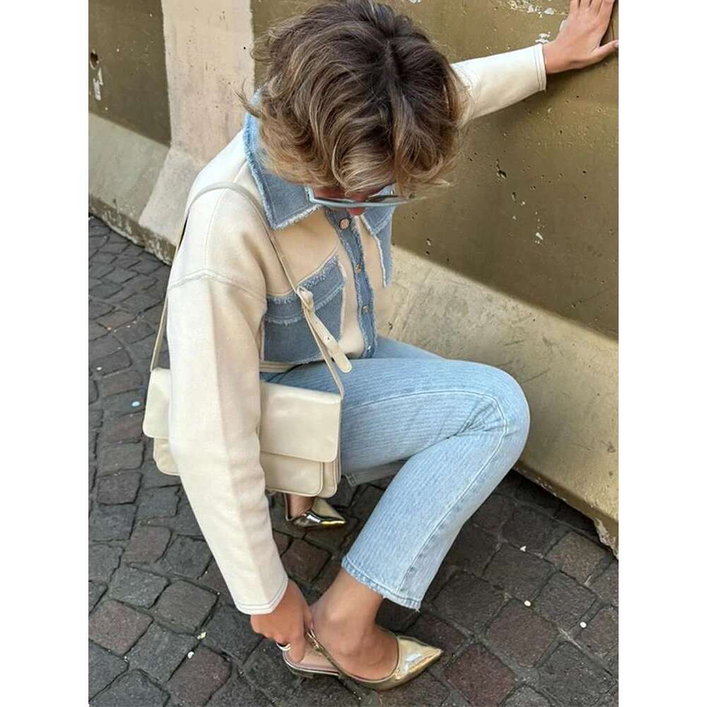 Y2k Women Patchwork Jacket Coat Lapel Long Sleeves Jeans With Packets Spring Casual Lady Denim Coats Designer Outwear Top