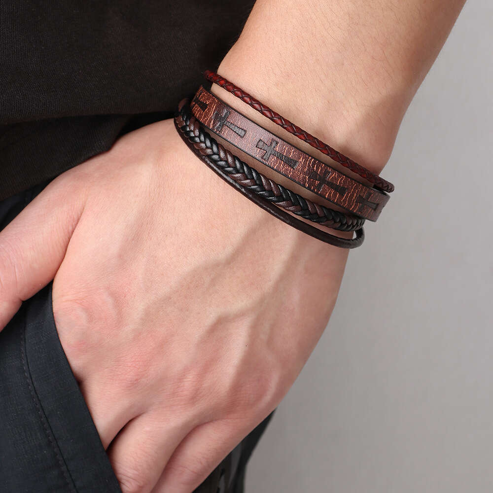 Hot selling fashion bracelets, men's handmade woven cross, leather bracelet, alloy magnetic buckle bracelet