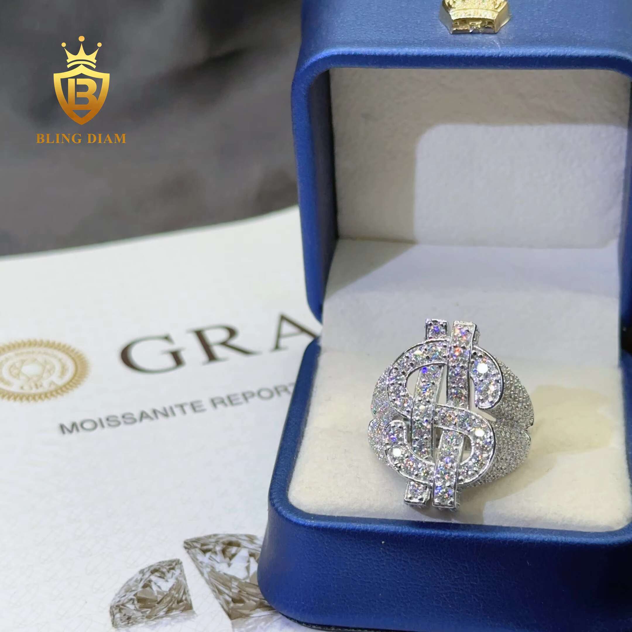 VVS Moissanite Custom Hip Hop Dollar Design Ring 925 Sterling Sliver Moissanite Rings for Men and Women