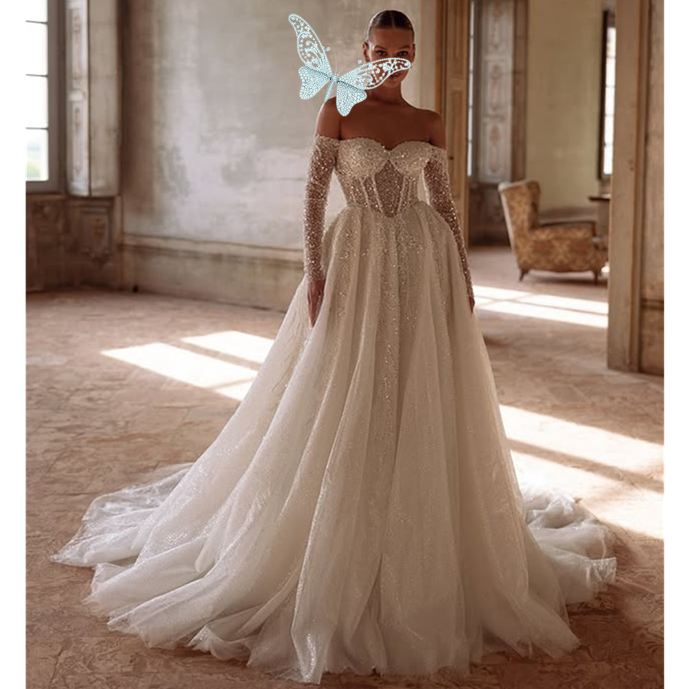 Luxurious Sexy Beads Wedding Dresses Sheer Appliques A Line Glitter Arabic Dubai Bridal Gowns Second Reception Dress Vestidos De Noiva