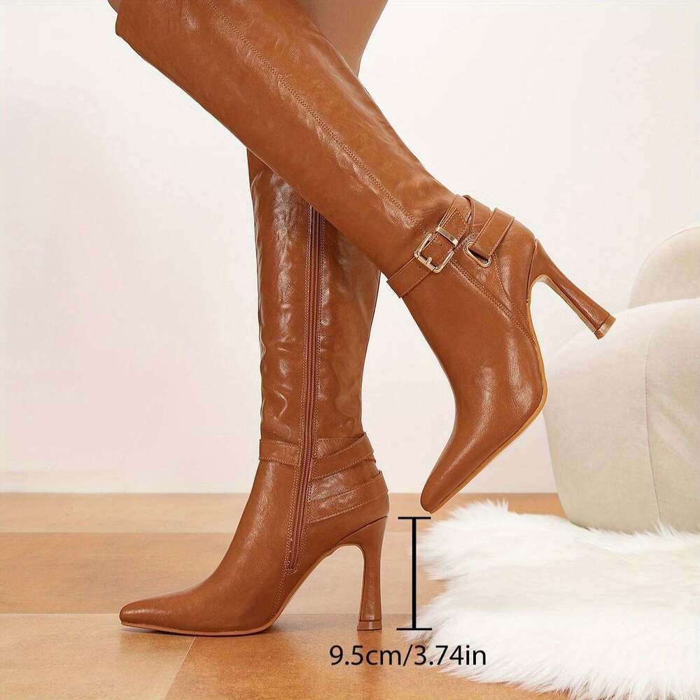 Women's Sexy Pointed Toe Knee-High Boots With Side Zipper - Brown Faux Cover Heels, Stiletto Heels For Weddings, Parties & Casual Outfits, High H