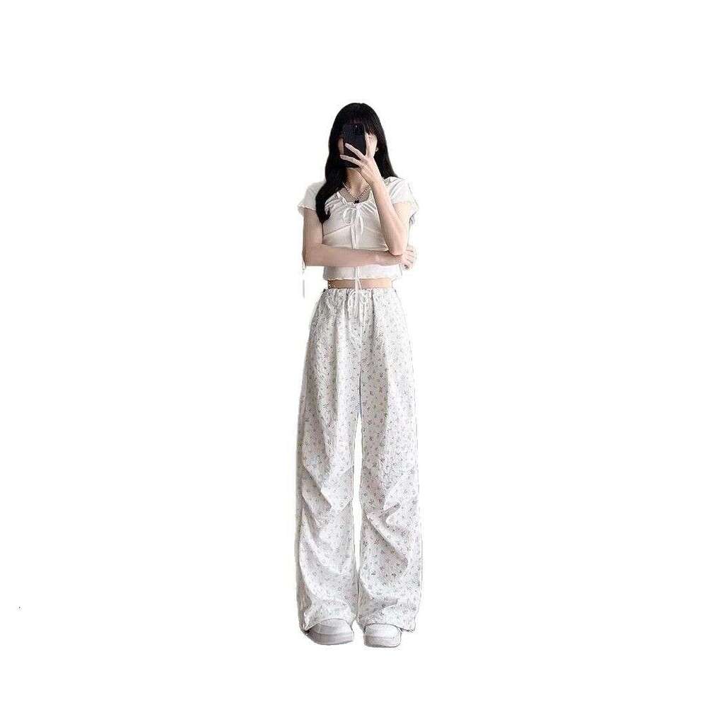 Floral work for women in spring and autumn thin style 2025 new high waisted loose casual wide leg American white sports pants