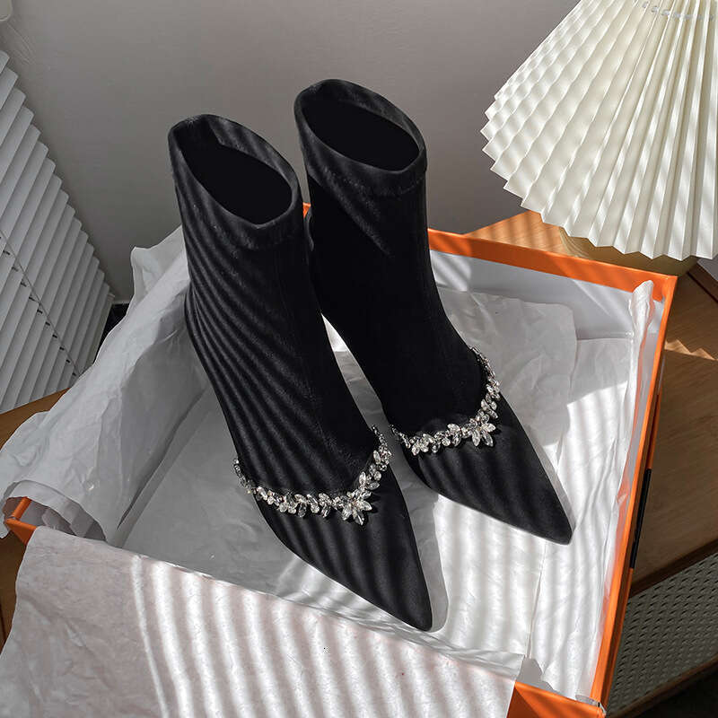 Woman Sandals Black Suede High Heeled Short For Women New Style French Rhinestone Pointed Thin Heel Elastic With Fleece Slimming Boots