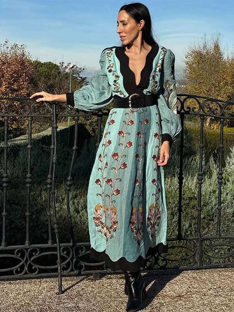 Elegant Printed Deep V-Neck Dresses Women Vintage Loose Backless Long Sleeve Maxi Dress Lady New Spring Chic Party Beach Holiday