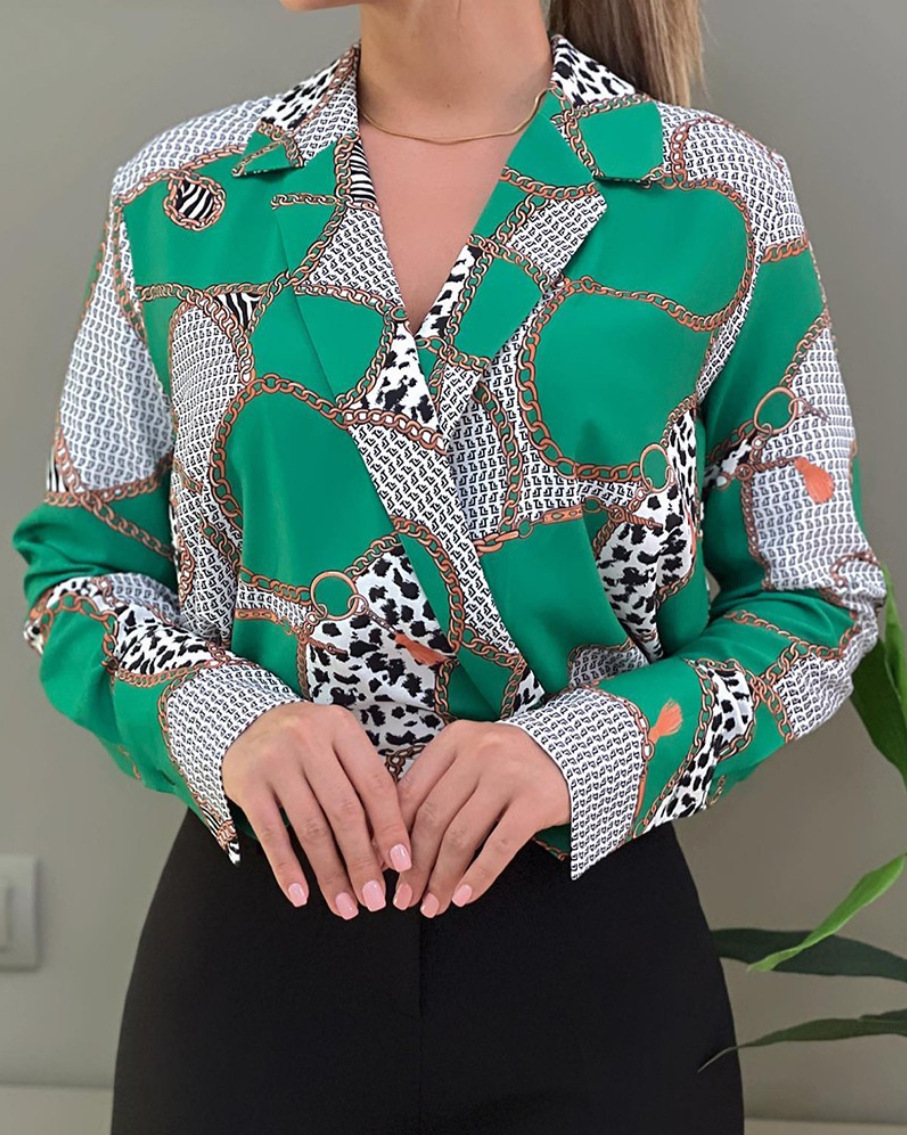 2023 autumn loose long sleeved V-neck pullover printed shirt womens clothing
