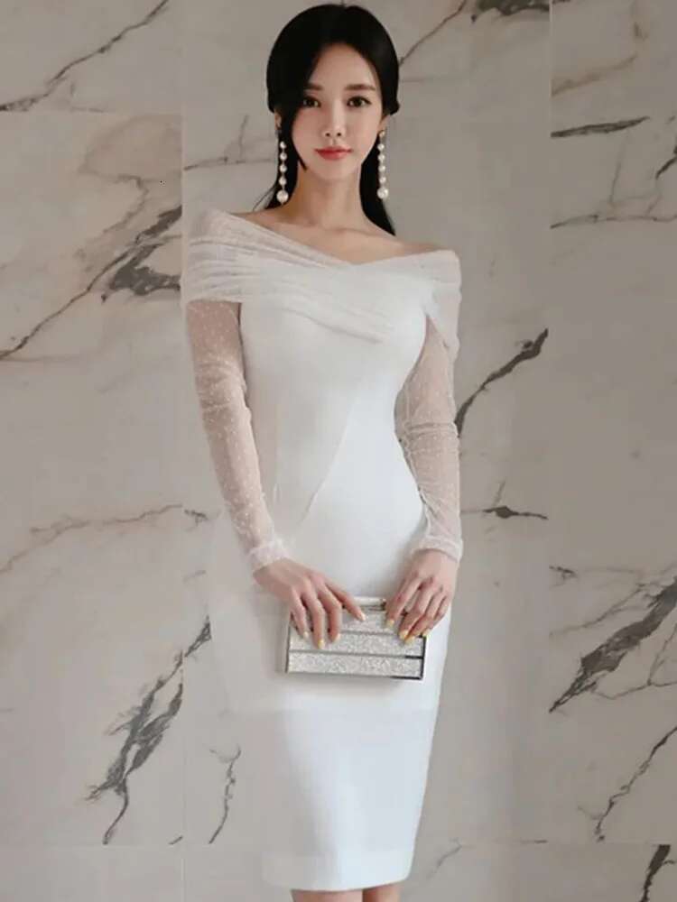 Elegant Office Lady Dress Summer White Lace Sexy Off Shoulder Slash Neck High Waist Tight Temperament Party Women's Dresses