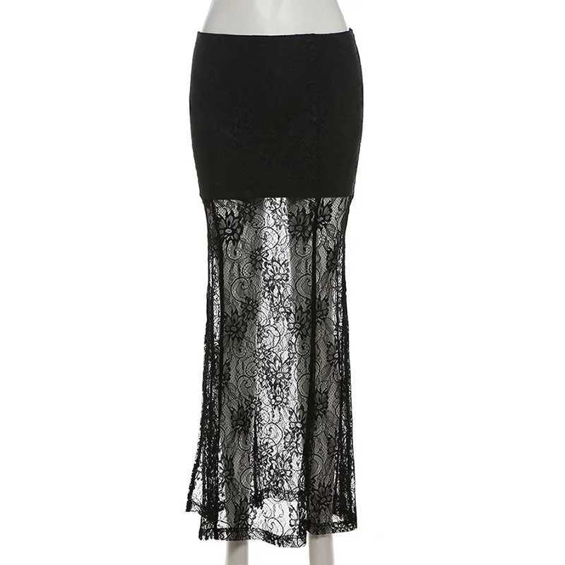 Goth Dark lace patch long shopping center Gothic Coquette high waist body Skirts sexy transparent hem split bottom elegant M250424