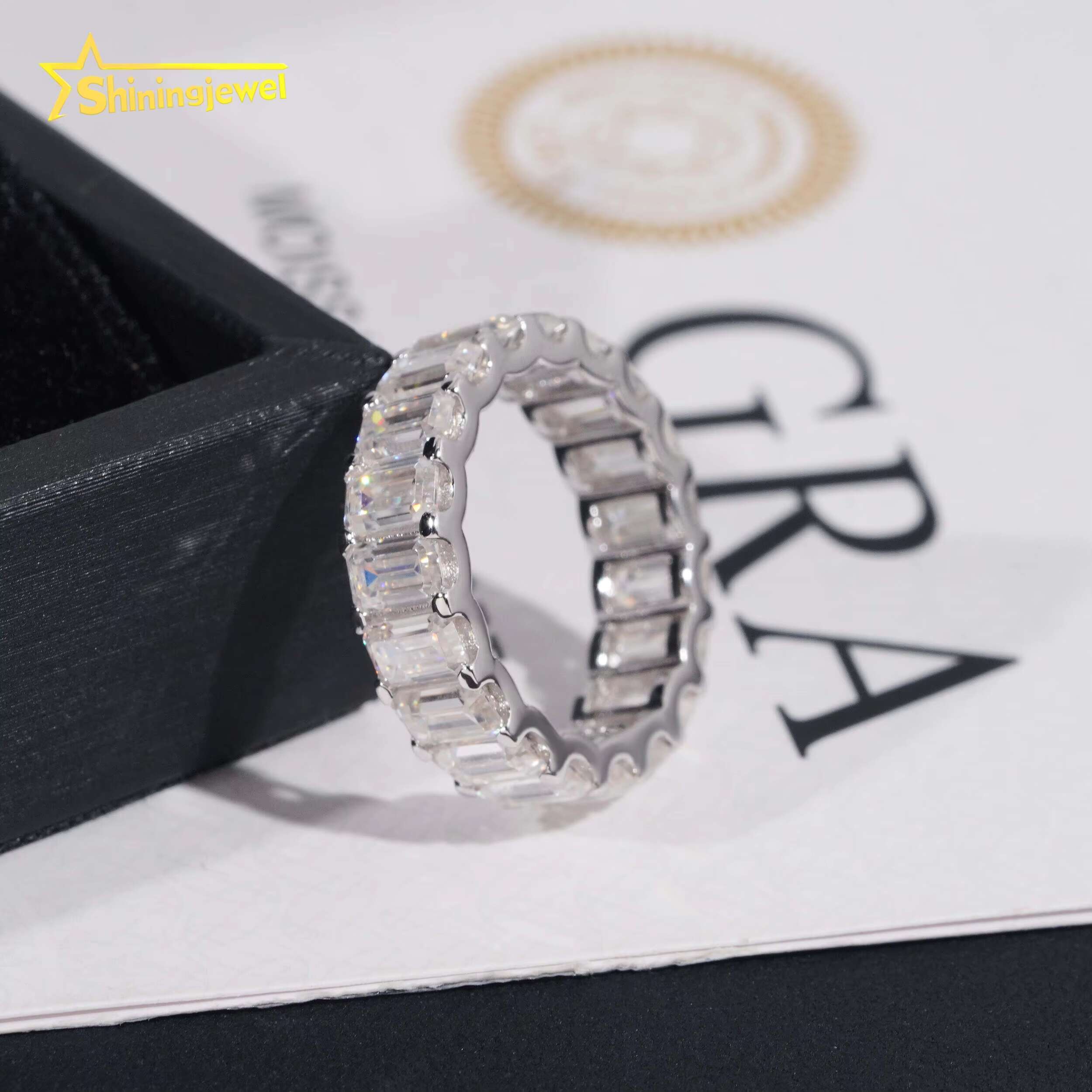 3*5MM Emerald Cut Wedding Band Ring Moissanite VVS Pass Diamond Test 925 Sliver Gold Plated Engagement Rings Ready to Ship