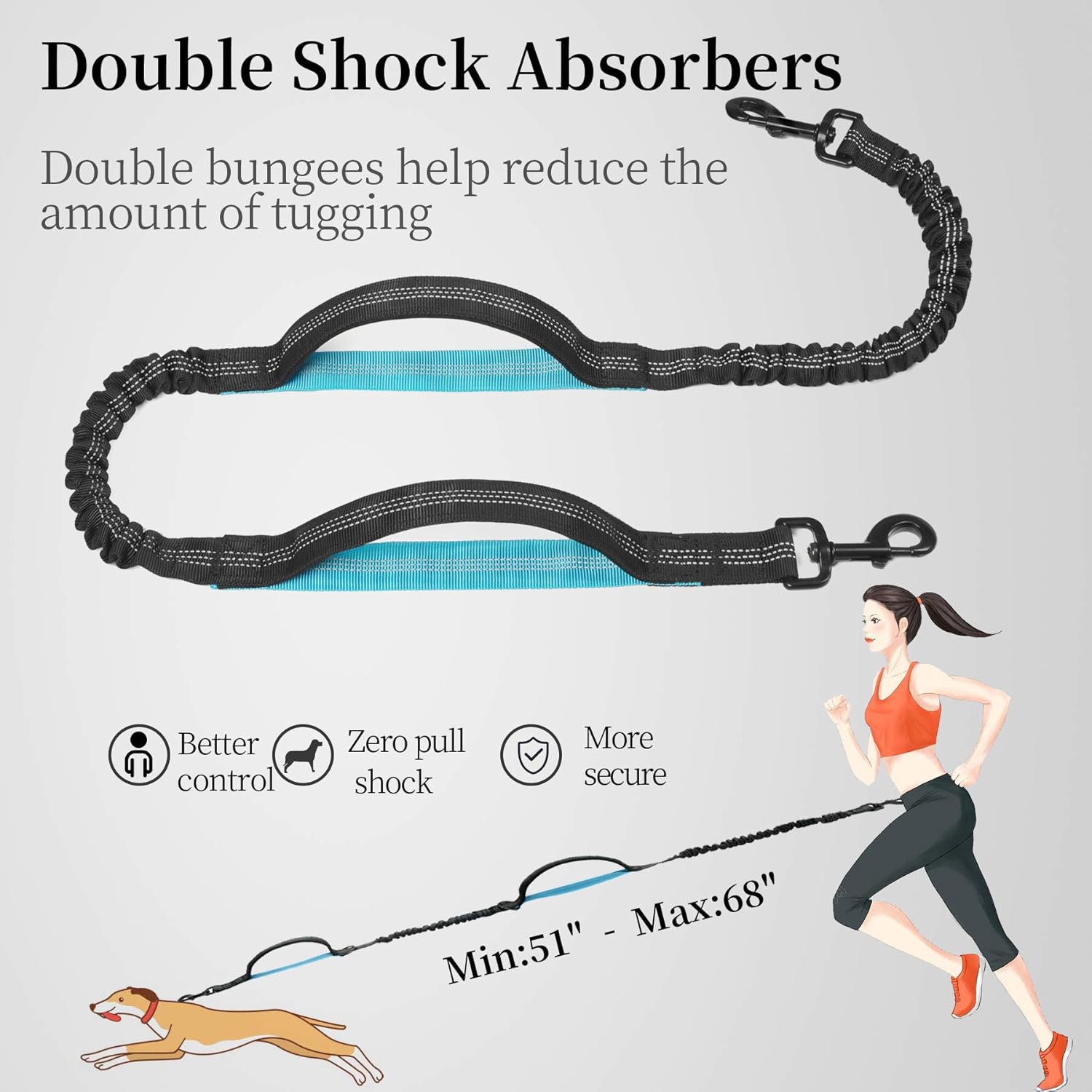 Hands Free Dog Leash with Zipper Pouch, Dual Padded Handles and Durable Bungee for Walking, Jogging and Running Your Dog