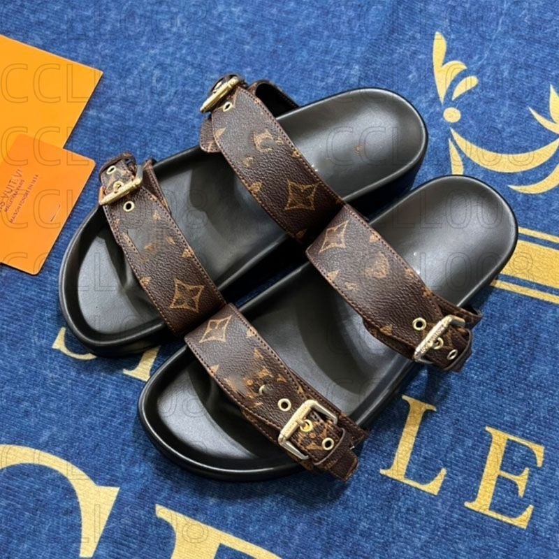 New Summer Designer Brown Black Flat Slippers Slides Brand Sandals Men Women Slides Real Cow Leather Beach Sandals 2 Straps Adjusted Gold Buckles Shoes Size 35-45
