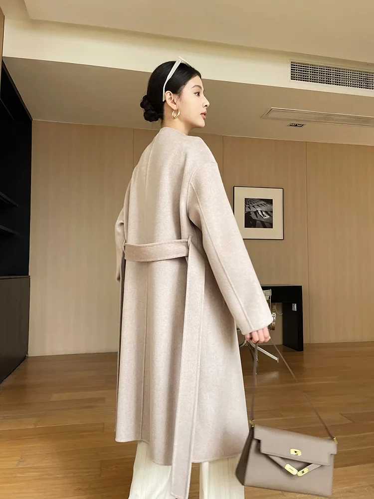 Dual Purpose Collar Wool Coat Horn Button Women 100 Wool Overcoat Double-Layers Autumn Winter Long Jacket Thick Trench Coat 23 J251124