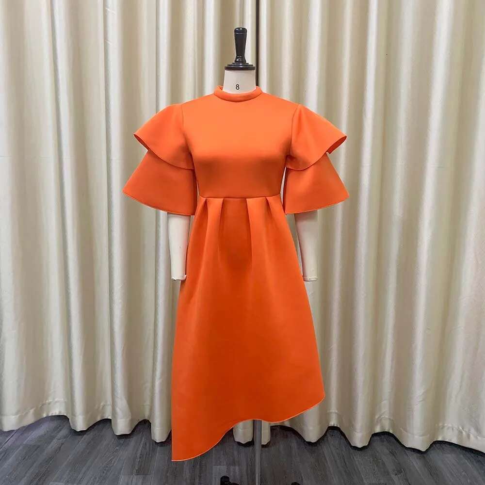 Elegant Party Dresses For Woman 2024 New O Neck Ruffles Sleeve High Waisted Asymmetric Mid Calf Birthday Dinner Vestidos