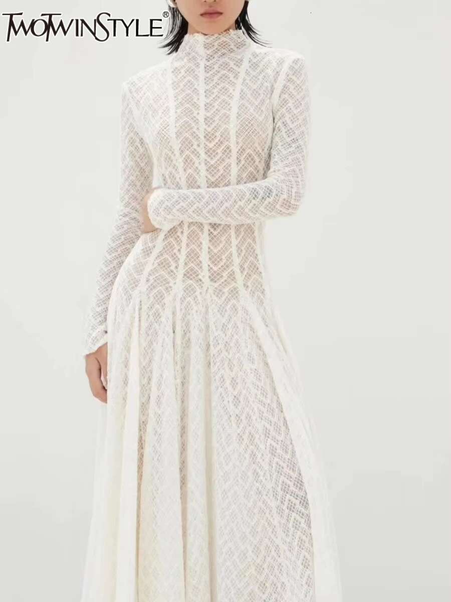 TWOTWINSTYLE Solid Slimming Spliced Ruffles Dresses For Women Round Neck Long Sleeves Patchwork Hollow Out Dress Female Clothing