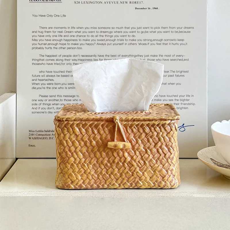 Creative Retro Rustic Imitation Rattan Paper Box Home Living Room Entrance Bedside Restroom Desktop Napkin Box OrnamentsM251124