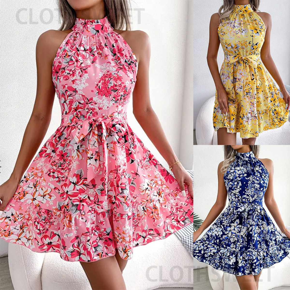 2024 Summer Sleeveless Floral Hanging Neck Waist Dress for Women