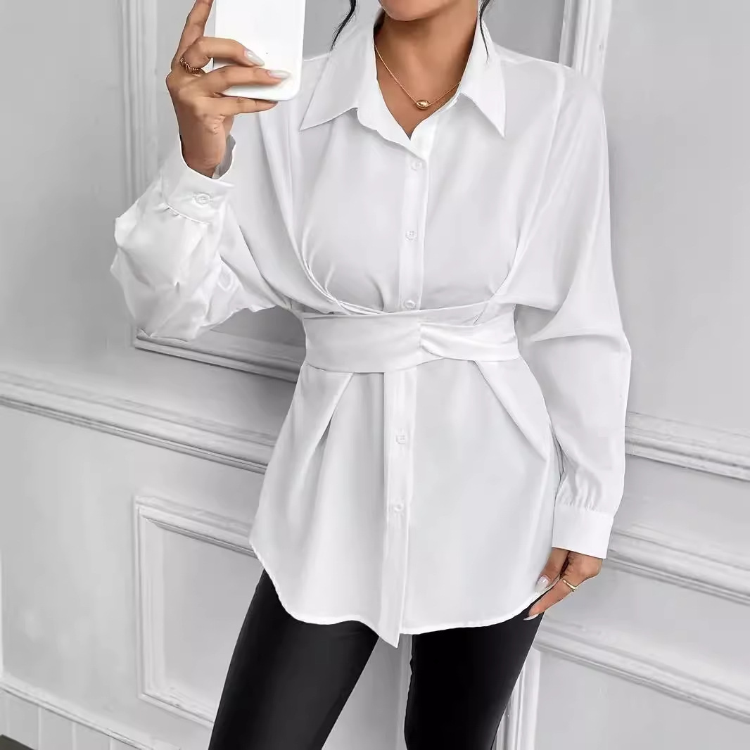 2024 autumn lapel tie bow tie waist slimming shirt womens clothing