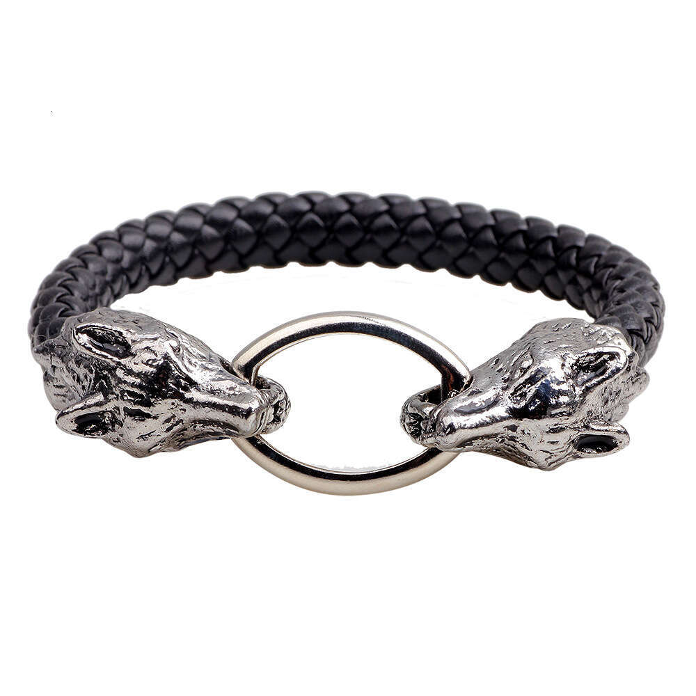 Double headed men's simple and fashionable metal wolf head bracelet, male high-end leather bracelet