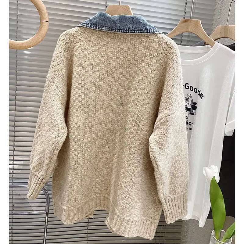 2023 New Autumn Winter Splicing Denim Women Long Sleeve Jean Jackets Female Loose Sweater Cardigan Jacket
