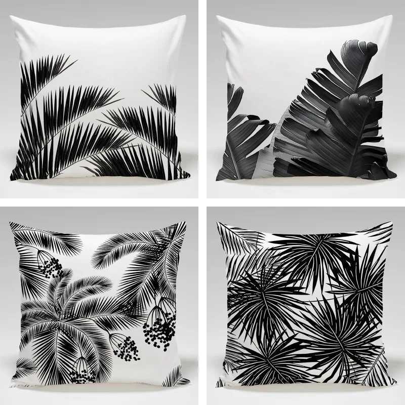 Black and white tropical plants throw pillow cover with short plush print for living room sofa decoration cushion cover G251124