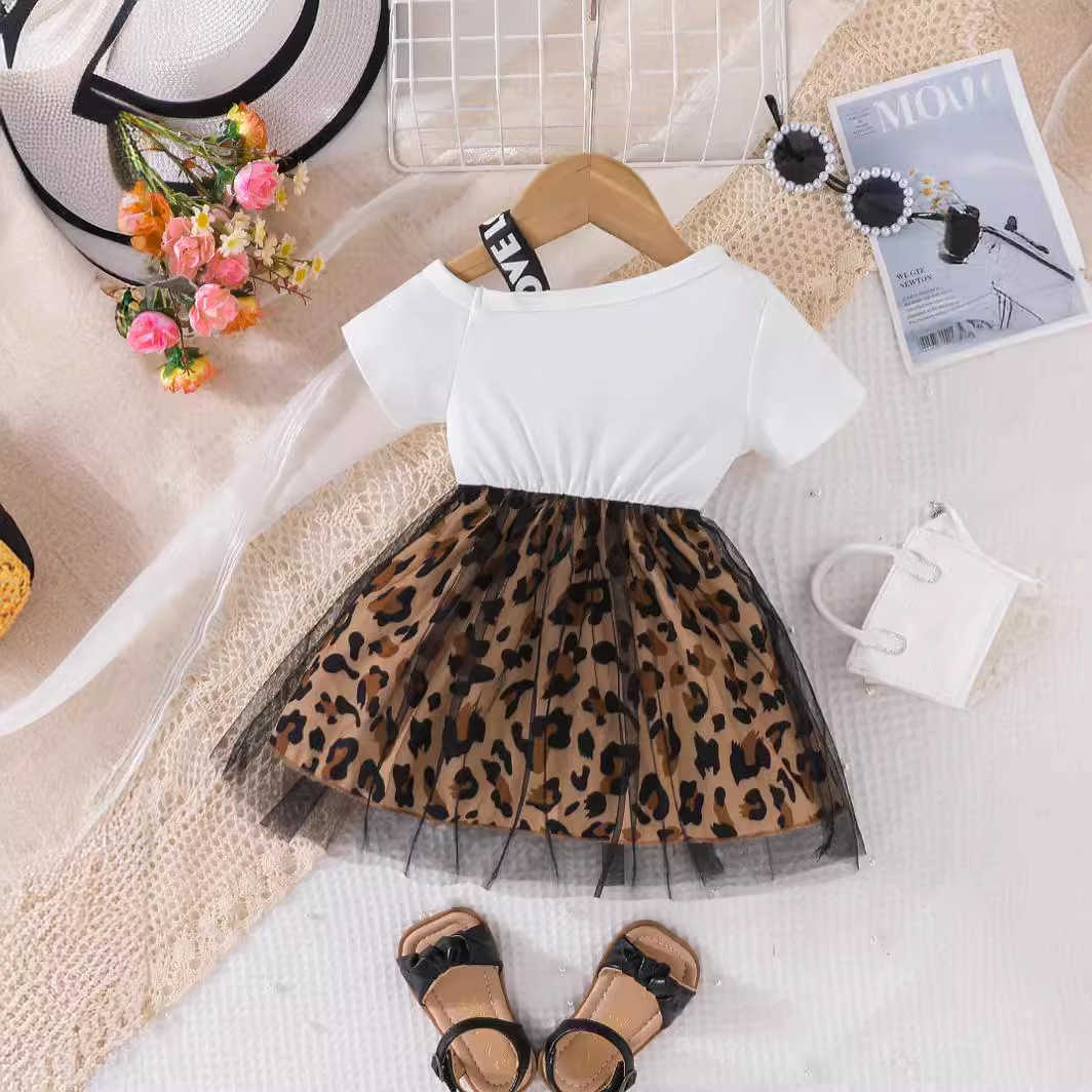 Childrens Summer Baby Girl Dress 2025 New Fashionable Girl Printed Splicing Leopard Mesh Skirt Y2504233epy