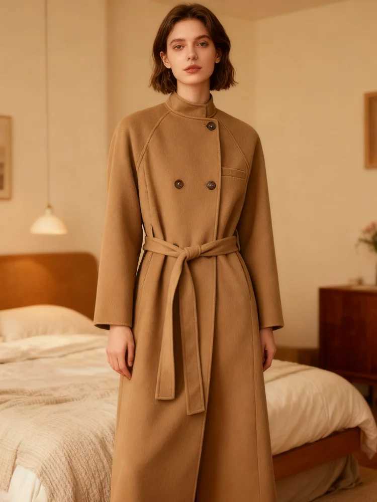 Fashion Faux Wool Long Coat for Women Autumn Elegant Double Breasted Belts Jackets Chic Turn-down Collar Thick Outerwear J251124