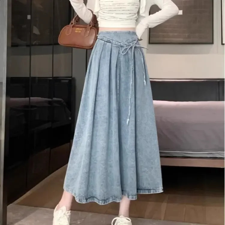 Vintage lace up denim womens spring petite mid length dress with high waist and elegant Aline skiing 250417