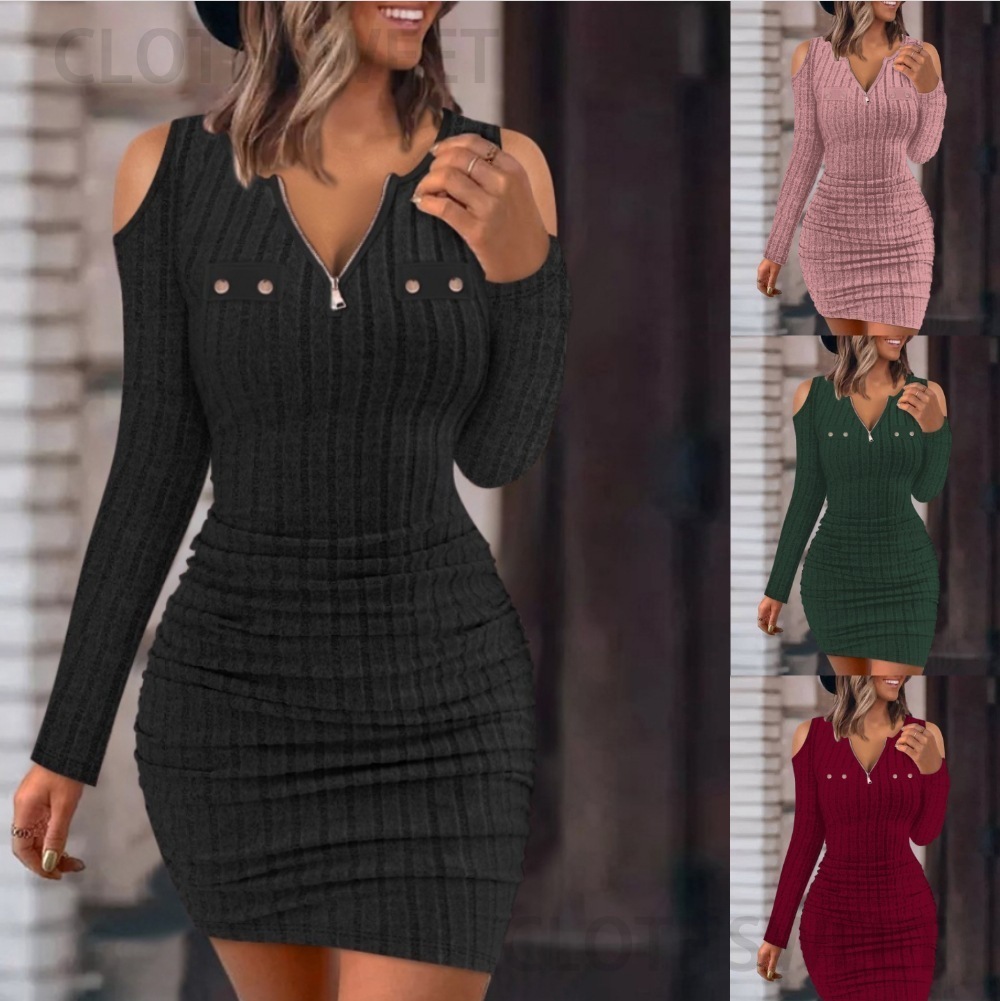 2023 Autumn/Winter New Solid Color Zipper V-neck Tight Bag Hip Slimming Sexy Long Sleeve Dress for Women