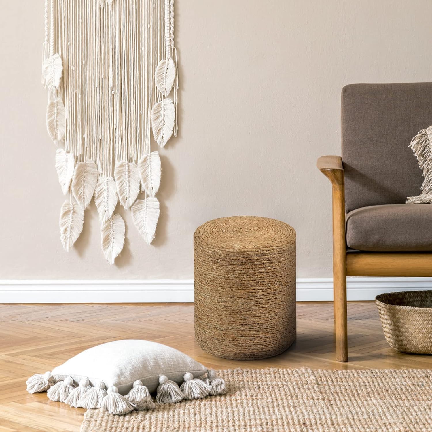Natural Seagrass Foot Stool, Hand Weaving Round Ottoman, for Living Room, Outdoor Seat (Natural)