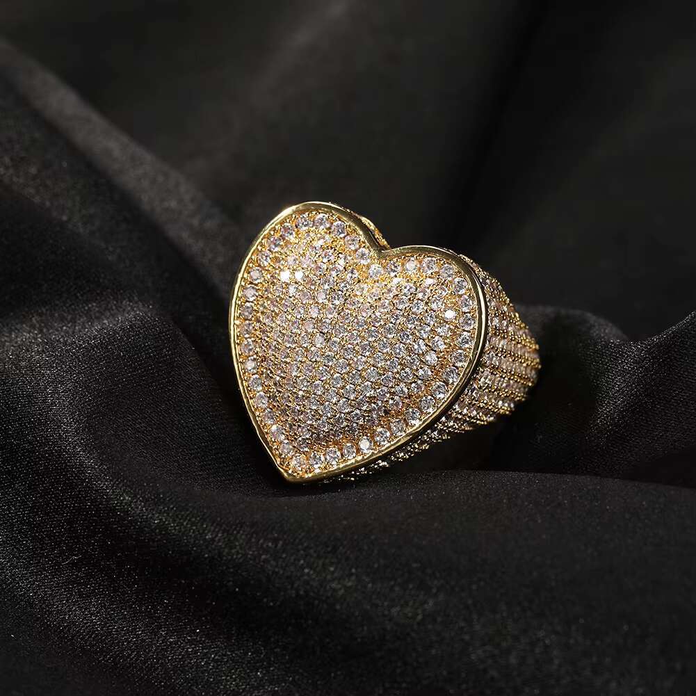 Hip Hop Iced Out Bubbly Heart Signet Ring 18K Gold Plating Zirconia Large Ring for Men Bling Rapper Jewelries