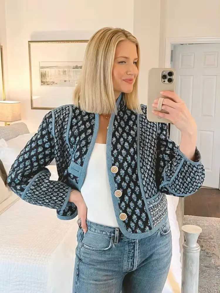 HH Women Fashion Flower Quilted Reversible Jacket Loose Long Sleeve Button Coat Autumn Female Elegant Floral Outwear Tops J251124