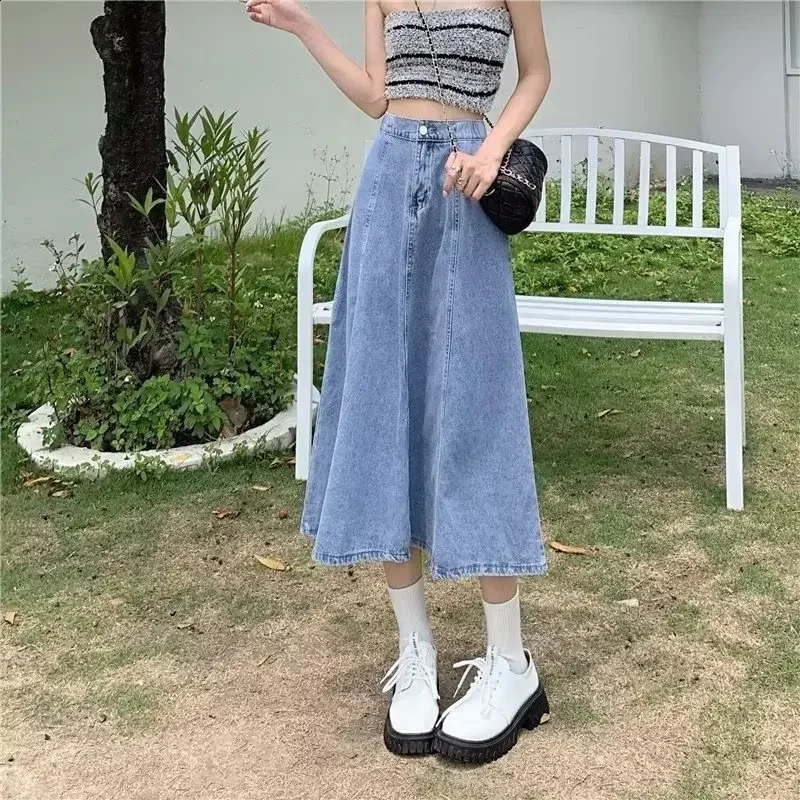 Elastic waist denim long skirt womens skiing summer retro weight loss high waisted Aline drawstring Versatile umbrella dress 250417
