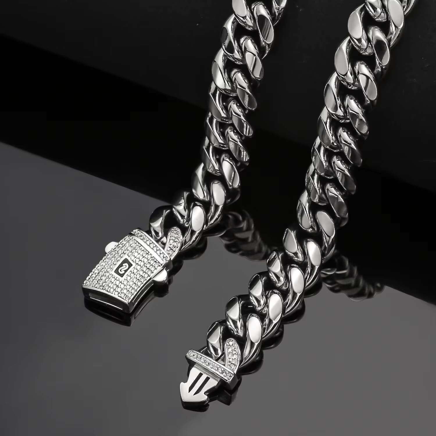 Hip Hop Miami Silver Jewelry for Men Stainless Steel Iced Clasp Link Chain-Cuban Cadena Cubana for Gift Zircon Pearl Main Stones