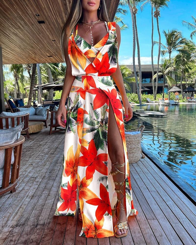 2023 Summer Sleeveless V-Neck Printed Split Bottom Dress Women