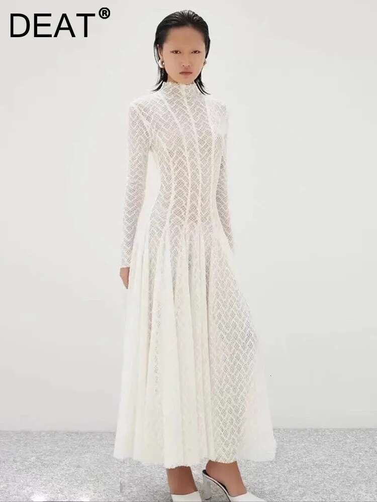 DEAT Elegant Lace Gauze Spliced Half High Collar Solid Color Draped Girdling Women's Evening Dresses 2025 Spring New 15Dz247