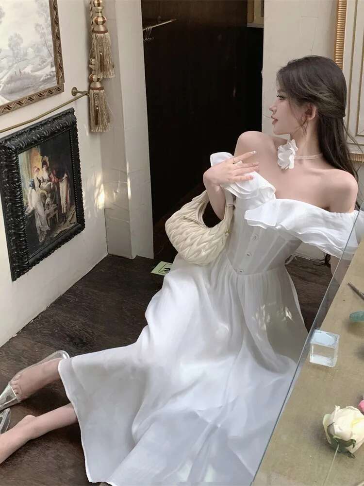 France Elegant Slim Ruffles Midi Dresses Summer Princess Evening Party Prom Dress Women Fashion Off Shoulder A-Line Vastidos