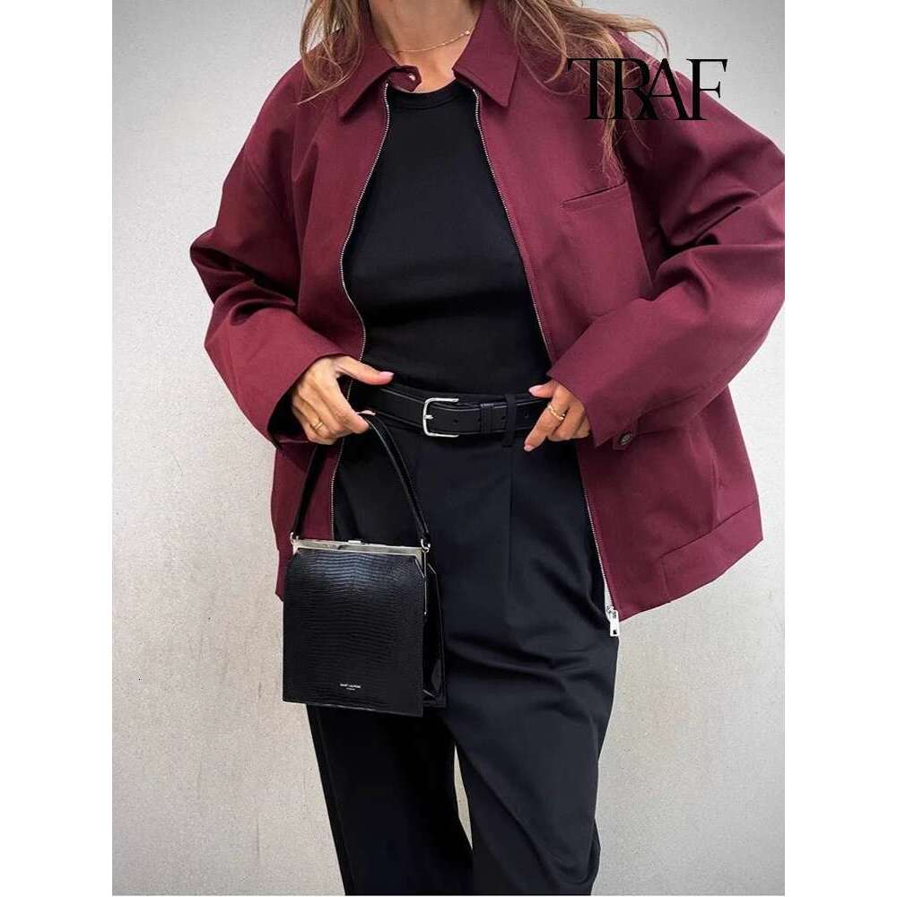 Designer Clothes TRAF Women's Fashion Bordeaux Red Zipper Vintage Bury Lapel Long Sleeve Casual Loose Street Commuter Jacket