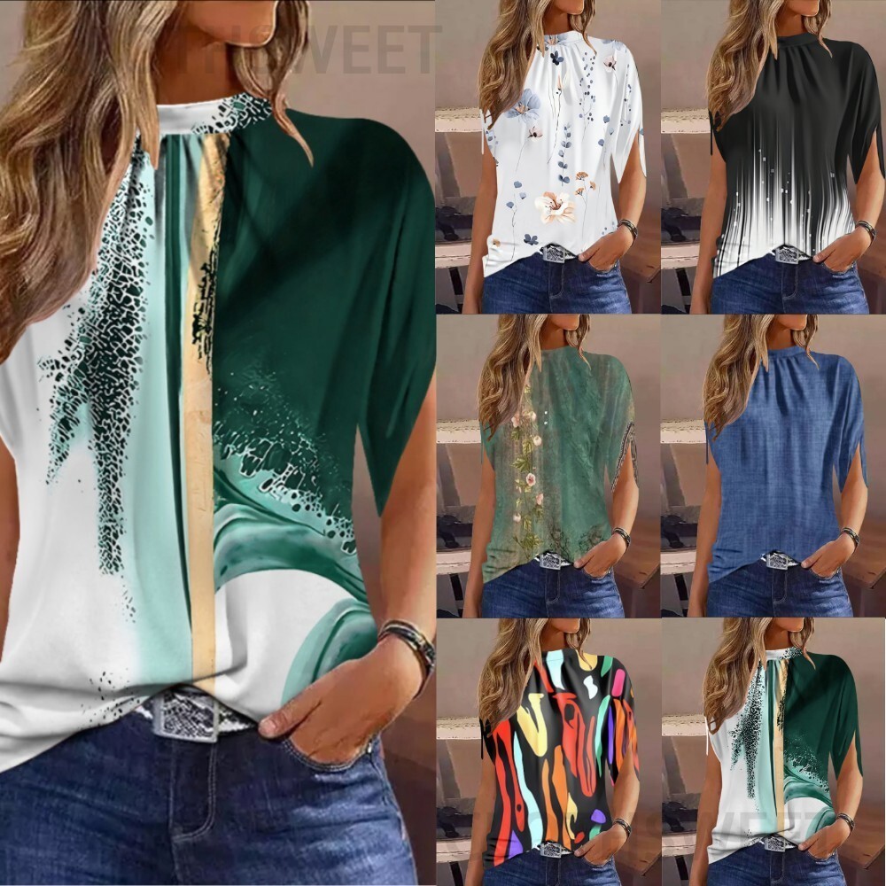 2023 new womens casual round neck regular pullover digital printed shirt for women