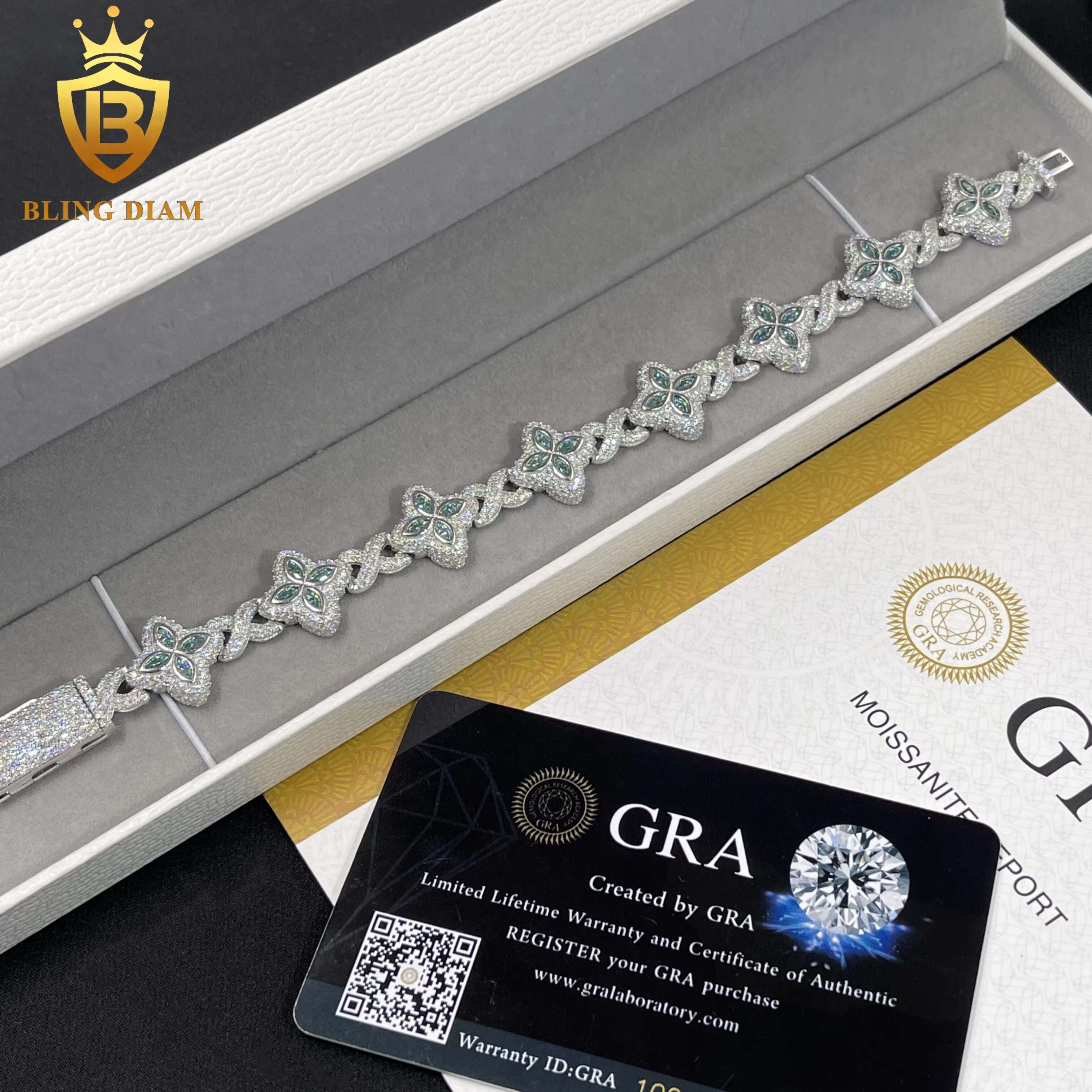 Blingdiam Jewelry 15mm Marquise Flower Design Four Leaf Clover 925 Silver Iced Out Moissanite Cuban Link Bracelet Men Women