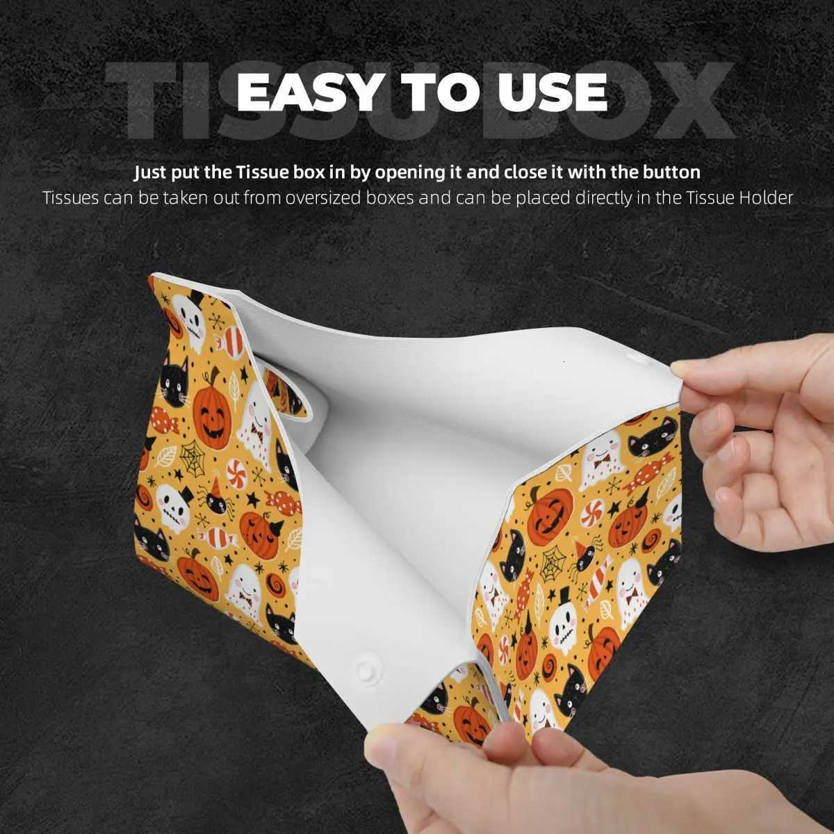 Custom Halloween Pumpkins Ghosts Cats Skulls Tissue Box Cover for Bathroom Car PU Leather Rectangular Facial Tissue Box HolderM251124