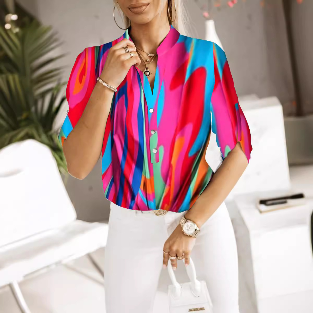 2023 Womens Summer Top Sleeved Shirt Printed Shirt Womens Wear