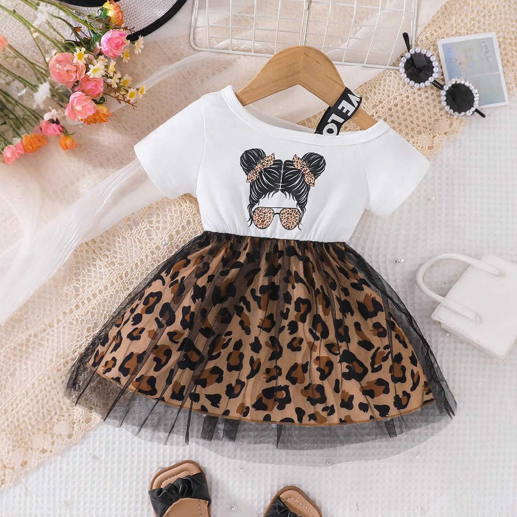 Girls Leopard Pattern Summer Girls Dress 2025 New Fashionable Girl Printed Splicing Leopard Pattern Mesh Skirt Y2504233sky