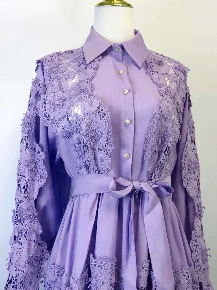 Autumn Lace Flower Embroidery Long Sleeve Maxi Evening Dresses Shirt Women Single Breasted Prom Wedding Party Vestidos